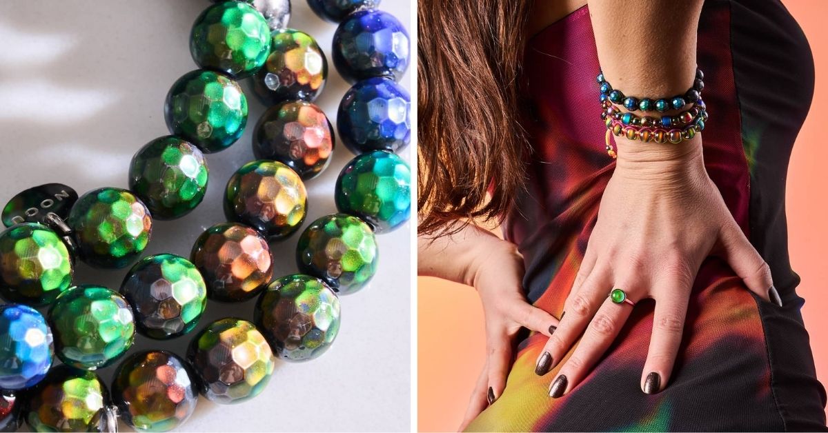 NOGU multicolor faceted bead bracelet stack with green, blue and iridescent beads, styled with a matching green ring.