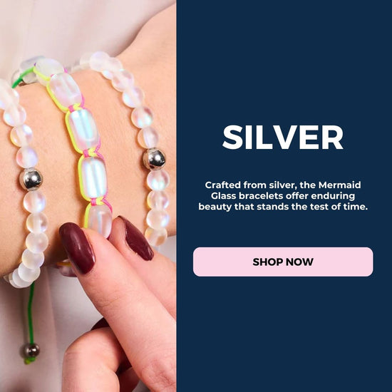 NOGU Mermaid Glass silver bracelets with iridescent translucent beads, polished silver accents, and neon cord details.