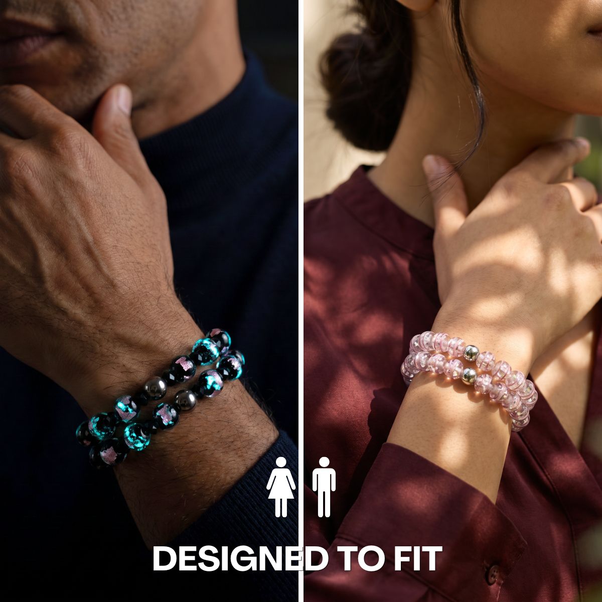 NOGU unisex stretch bead bracelets shown in black with teal and pink accents and translucent pink beads with silver details.