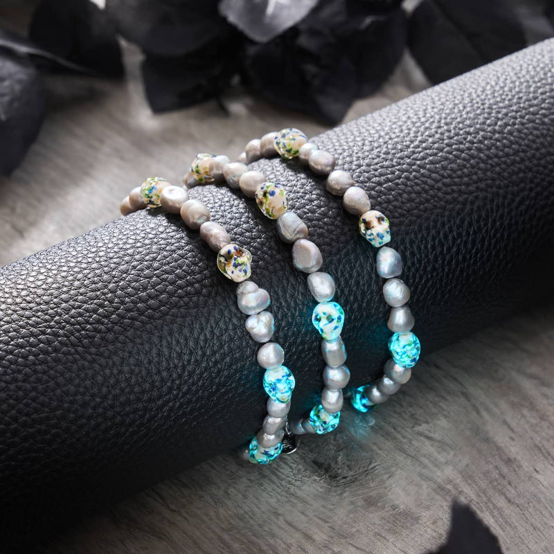 Ethereal Gloom | .925 Sterling Silver | Opal Silver Freshwater Pearl x Firefly Glass Skull Bracelet