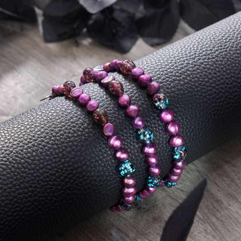 Violet Shadows | .925 Sterling Silver | Purple Freshwater Pearl x Firefly Glass Skull Bracelet