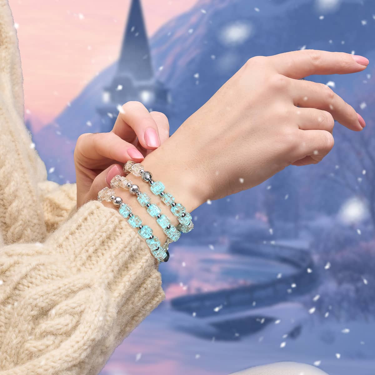 Alabaster Firefly Glass Pebble Bracelets on wrist with glowing cube beads and silver accents by NOGU