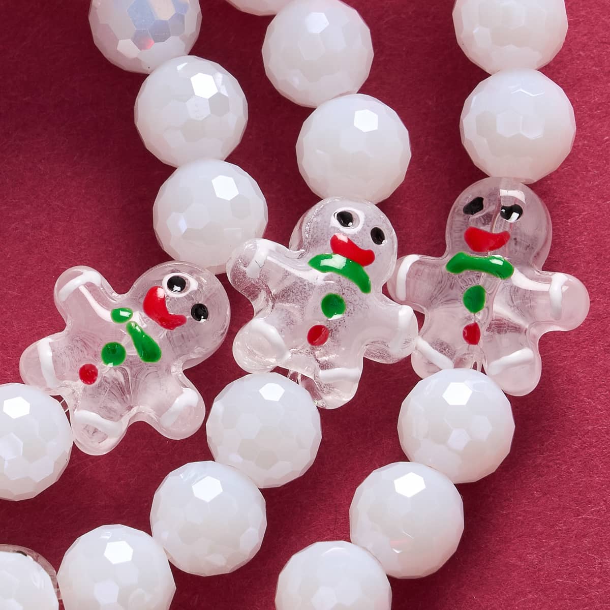 Vanilla Gingerbread Silver White Prisma Bracelet close-up showing faceted white beads with clear gingerbread charms by NOGU