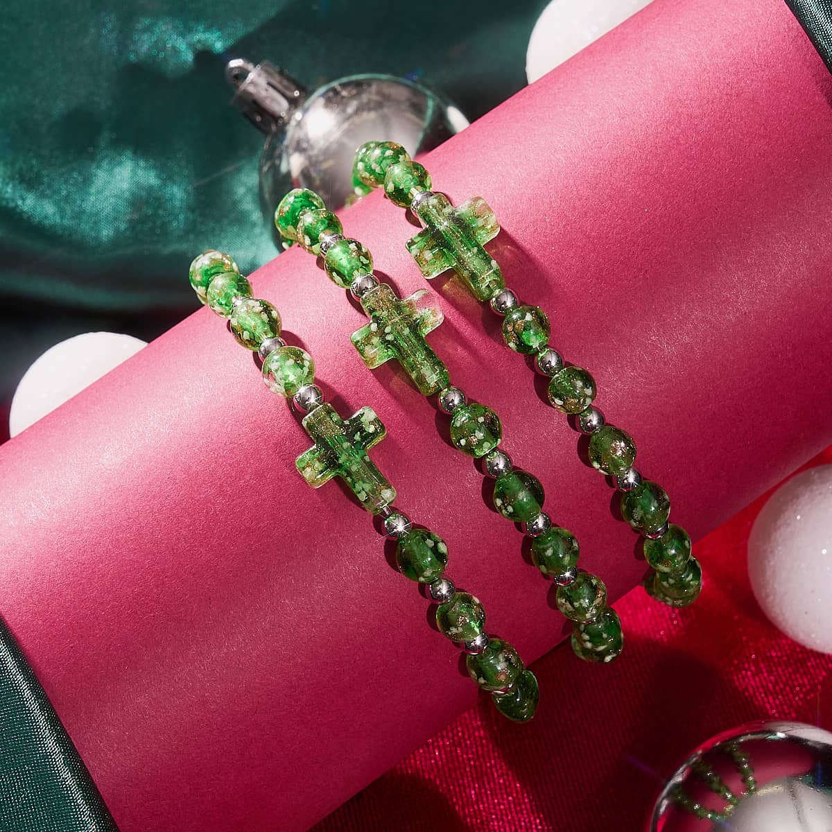Emerald | Silver | Firefly Glass Cross Bracelet