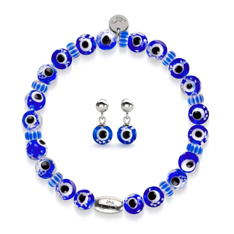 Nazar .925 Silver Firefly Glass Evil Eye Bracelet & Earrings Set