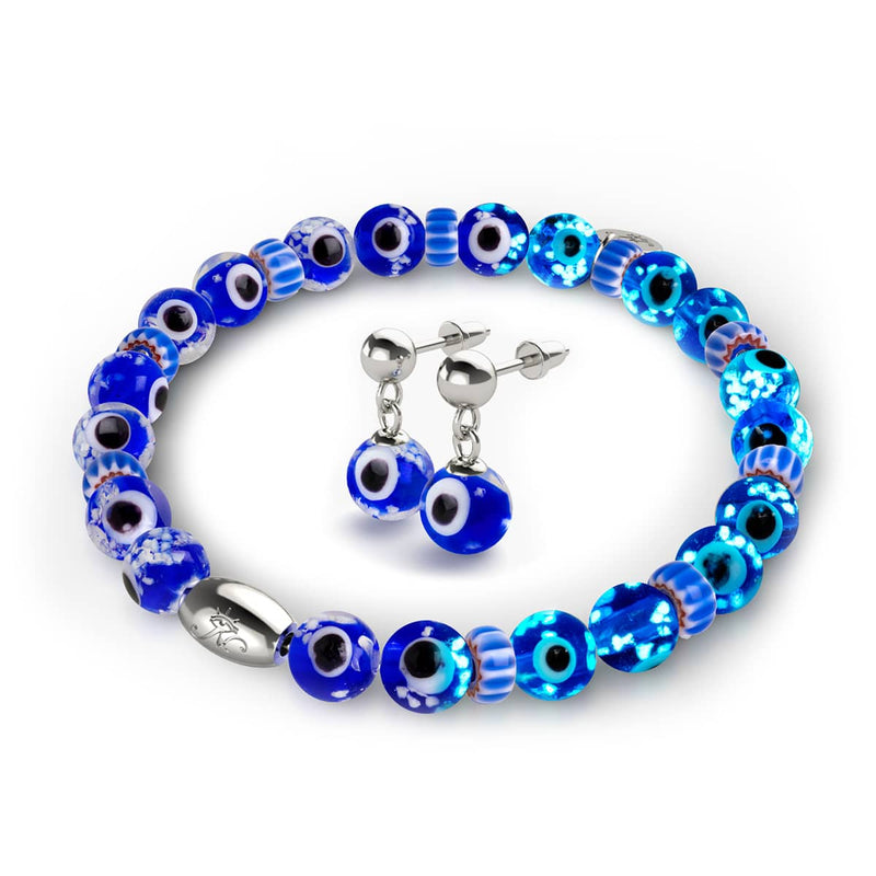 Nazar .925 Silver Firefly Glass Evil Eye Bracelet & Earrings Set