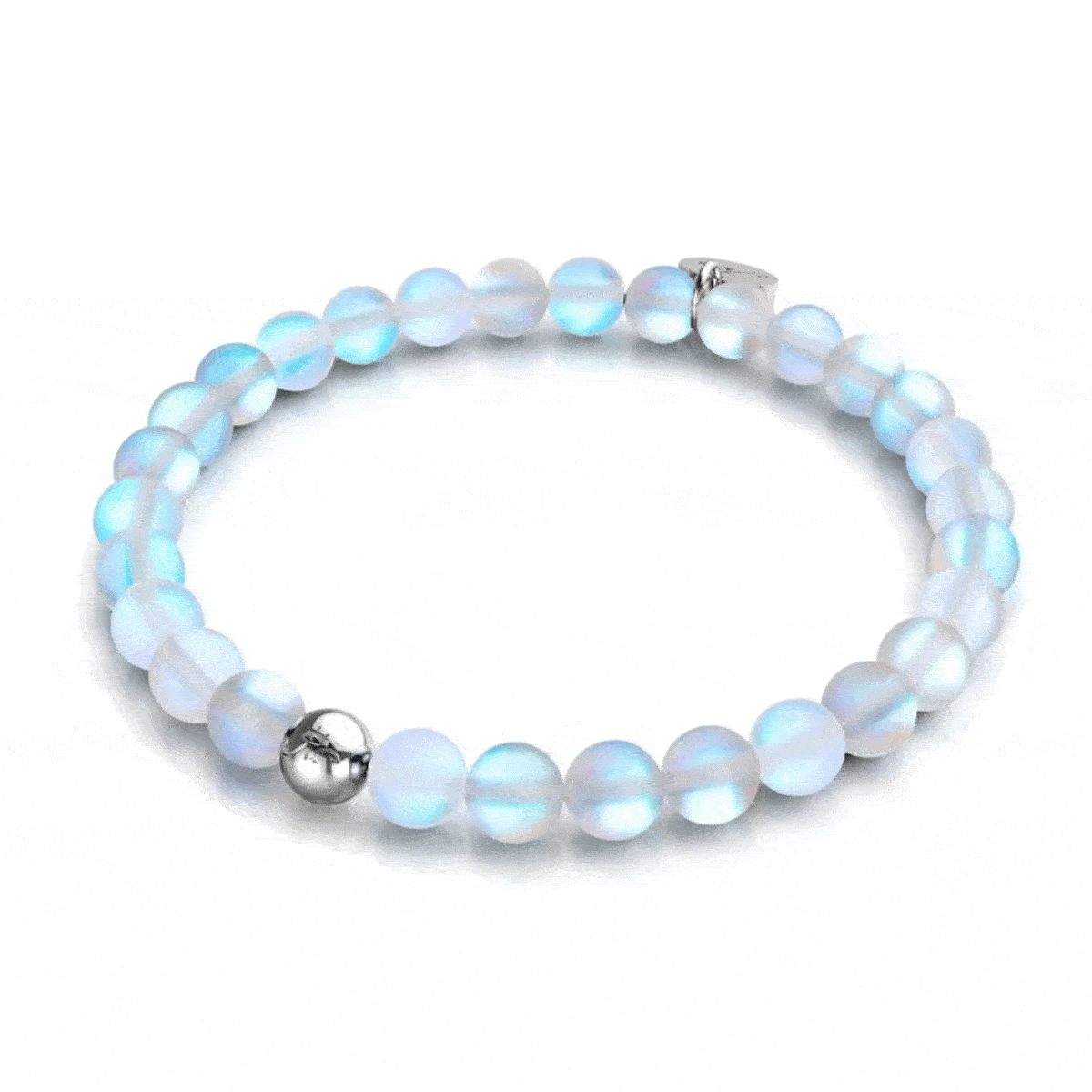 NOGU stretch bracelet with translucent milky white round beads, blue iridescent glow, and polished silver-tone accent beads.