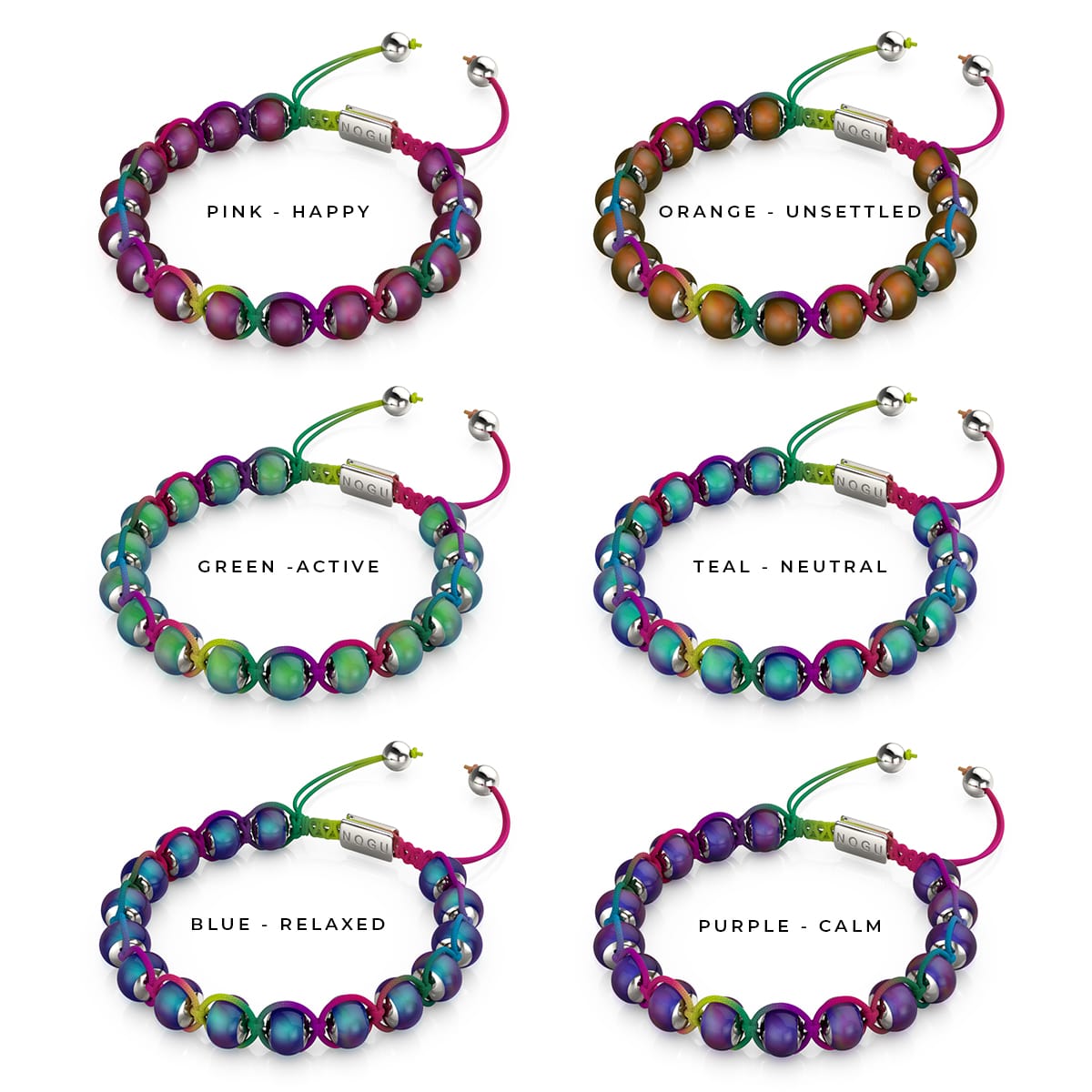 NOGU Chromata silver mood stone Charmballa bracelets with color-changing beads and bright adjustable cords.