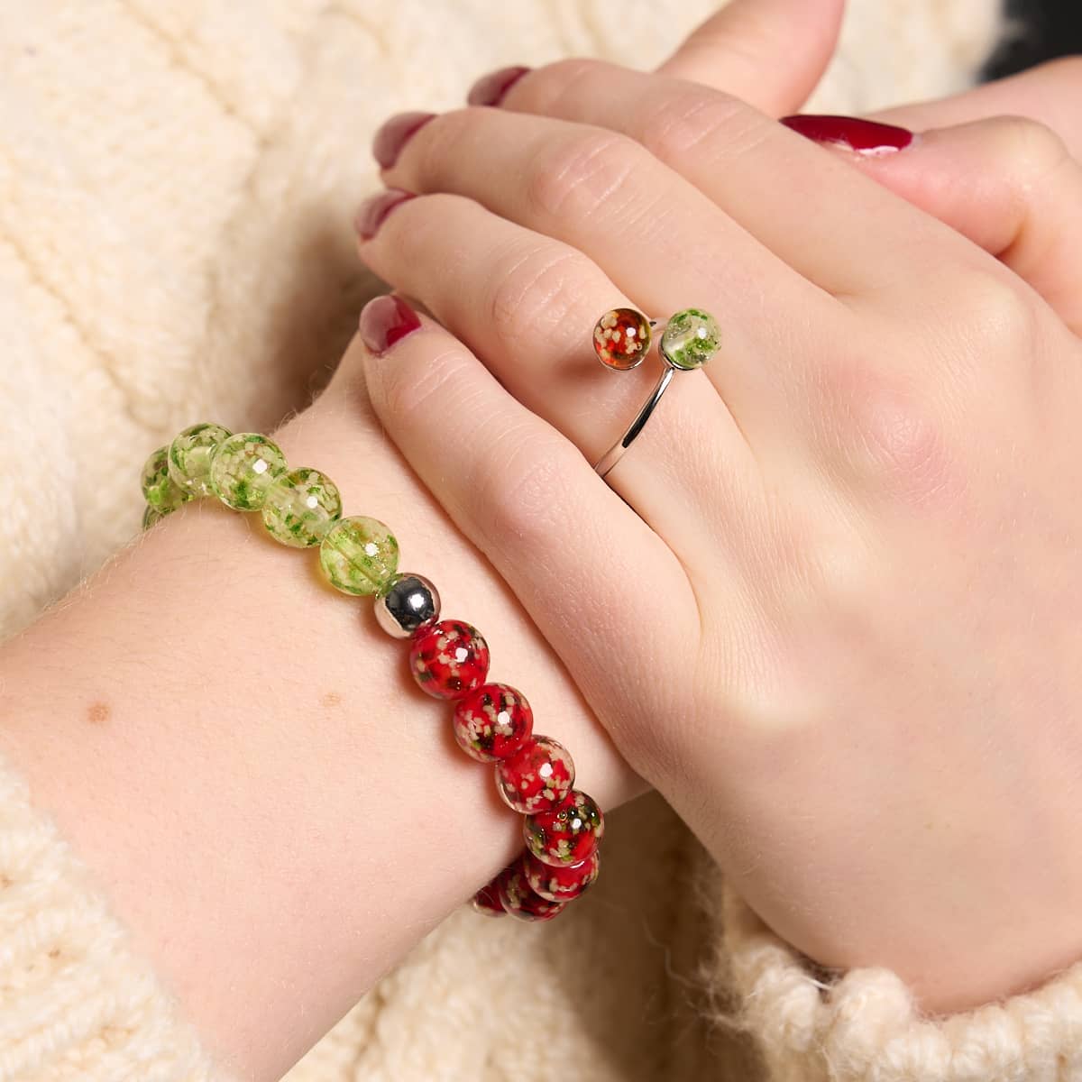 Red Holly x Frosted Mistletoe | .925 Sterling Silver | Firefly Glass Bracelet