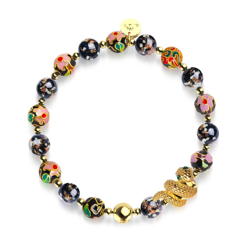 Shadow Dragon | Enamel Lotus | Onyx Firefly Glass Serpent Bracelet