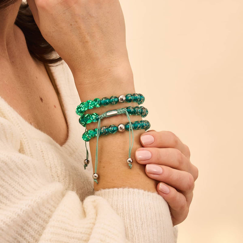 Teal | Silver | Firefly Glass Macrame Bracelet