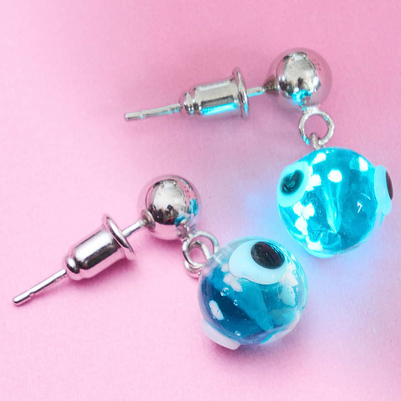 Teal | .925 Sterling Silver | Firefly Glass Evil Eye Drop Stud Earrings