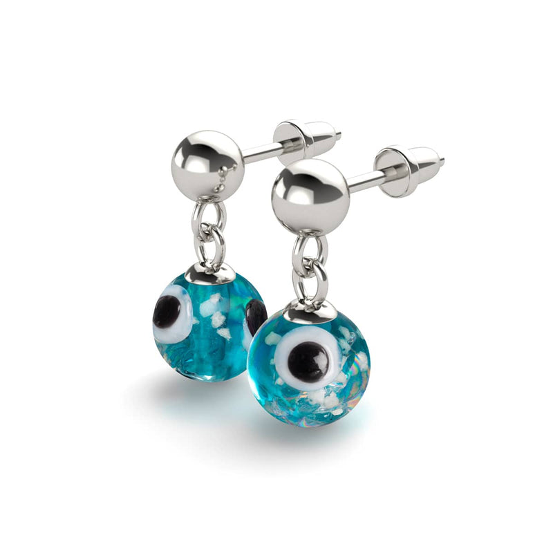 Teal | .925 Sterling Silver | Firefly Glass Evil Eye Drop Stud Earrings