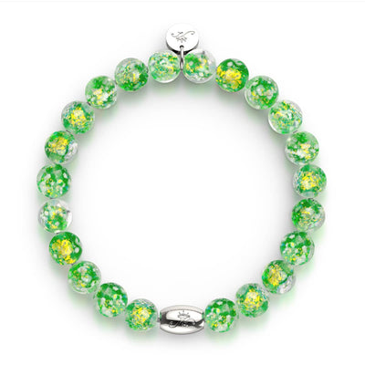Verdant Burst bracelet with green and gold Firework Glass beads and .925 sterling silver clasp with engraved NOGU logo