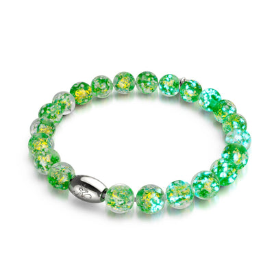 Verdant Burst bracelet with green and gold Firework Glass beads on a clear elastic cord with .925 sterling silver clasp by NOGU