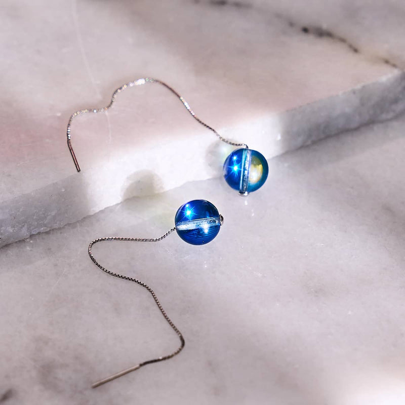 Lunar Tide | .925 Sterling Silver | Galaxy Glass Chain Drop Threader Earrings