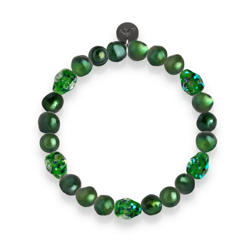 Emerald Crown | .925 Sterling Silver | Green Freshwater Pearl x Firefly Glass Skull Bracelet