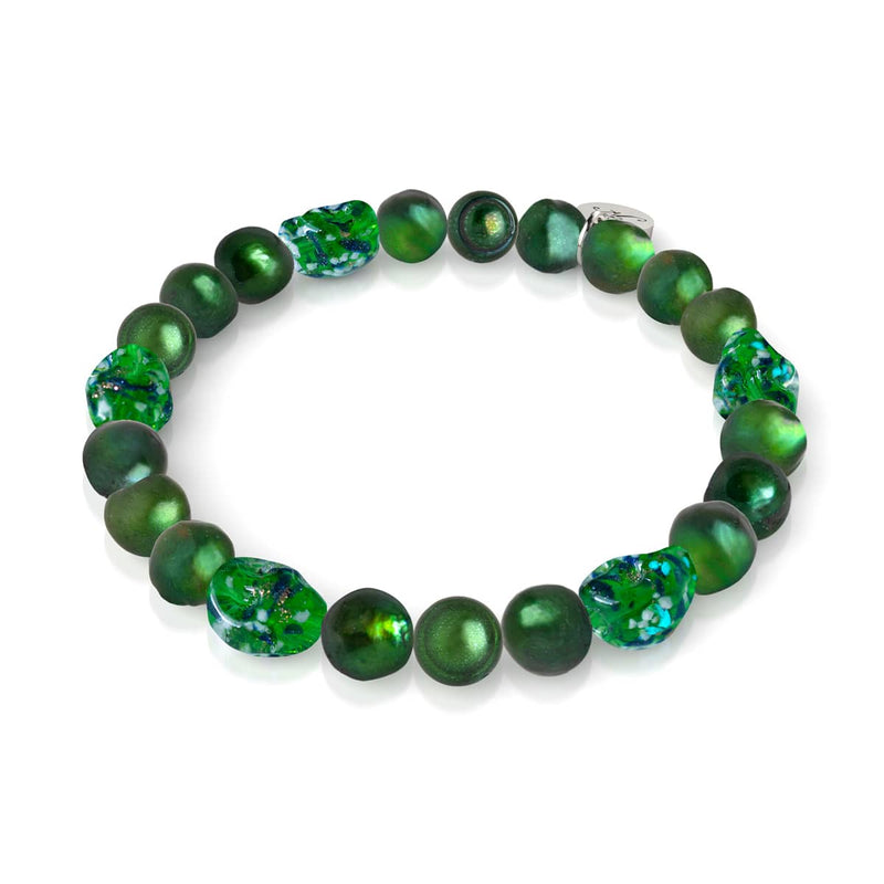 Emerald Crown | .925 Sterling Silver | Green Freshwater Pearl x Firefly Glass Skull Bracelet