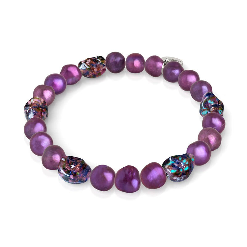 Violet Shadows | .925 Sterling Silver | Purple Freshwater Pearl x Firefly Glass Skull Bracelet
