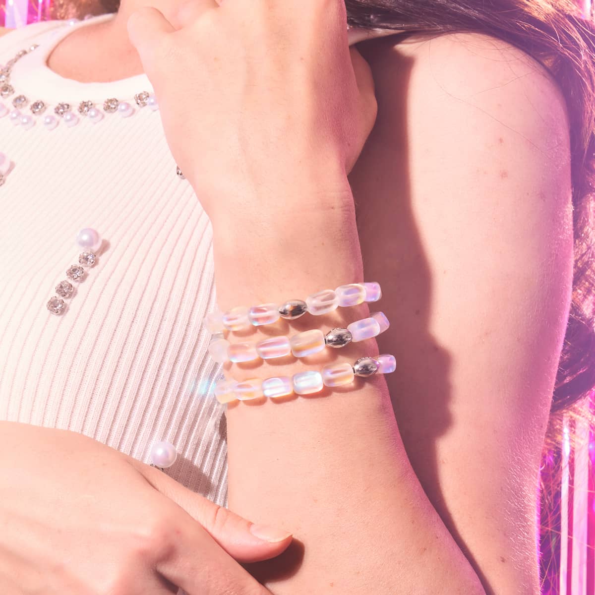 Rainbow White | .925 Sterling Silver | Mermaid Glass Pebble Bracelet