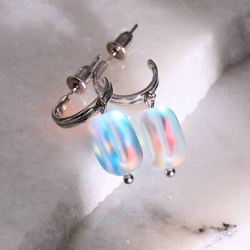 Rainbow White | .925 Sterling Silver | Mermaid Glass Pebble Huggie Earrings
