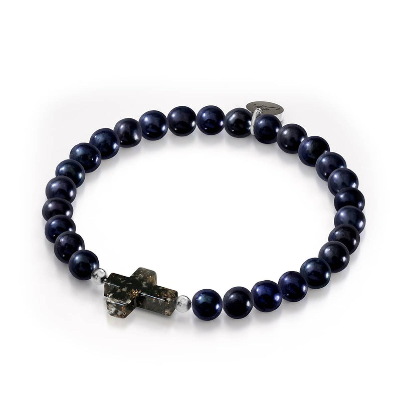 Joan of Arc | .925 Sterling Silver | Obsidian Firefly Glass x Black Freshwater Pearl Cross Bracelet