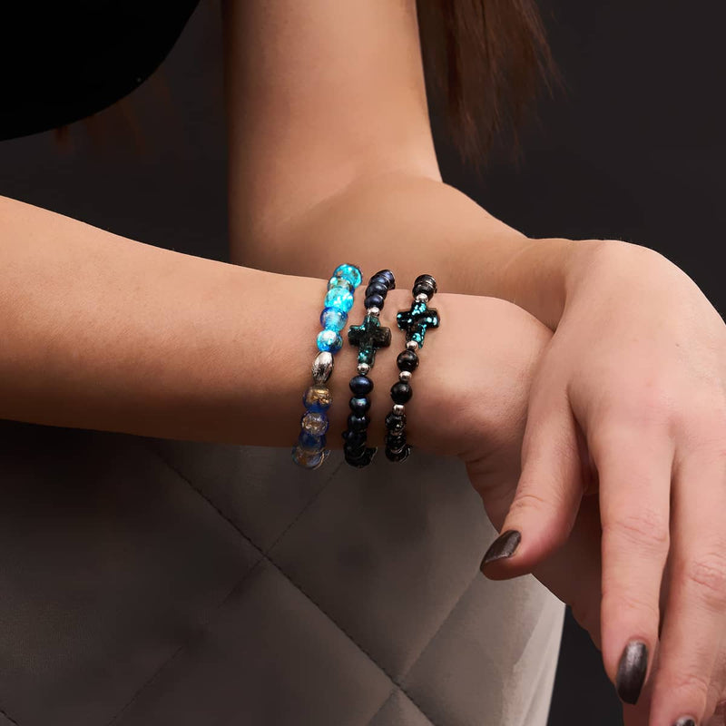 Joan of Arc | .925 Sterling Silver | Obsidian Firefly Glass x Black Freshwater Pearl Cross Bracelet