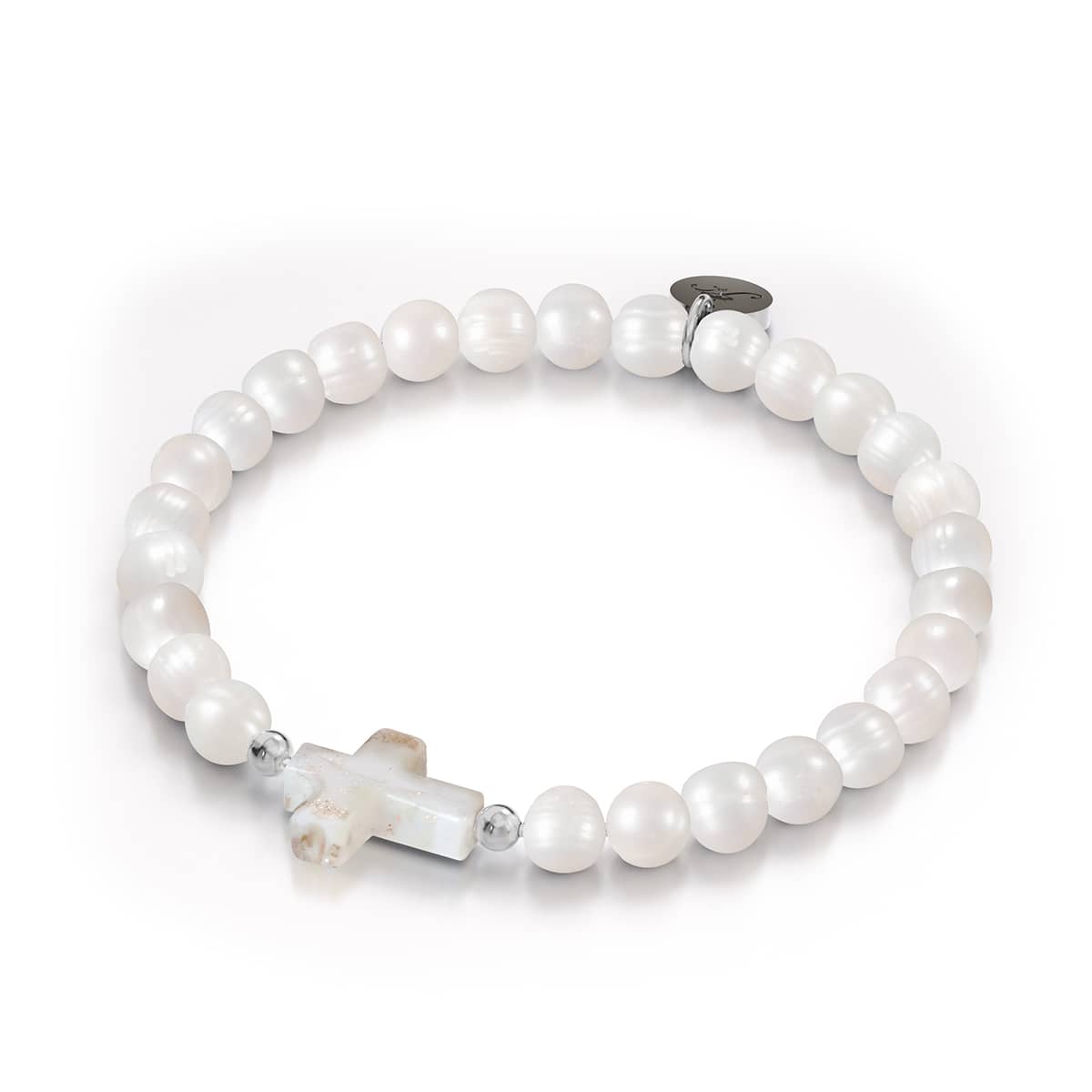 St. Amanda | .925 Sterling Silver | Alabaster Firefly Glass x Ivory Freshwater Pearl Cross Bracelet