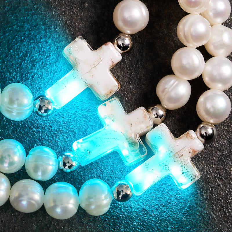 St. Amanda | .925 Sterling Silver | Alabaster Firefly Glass x Ivory Freshwater Pearl Cross Bracelet