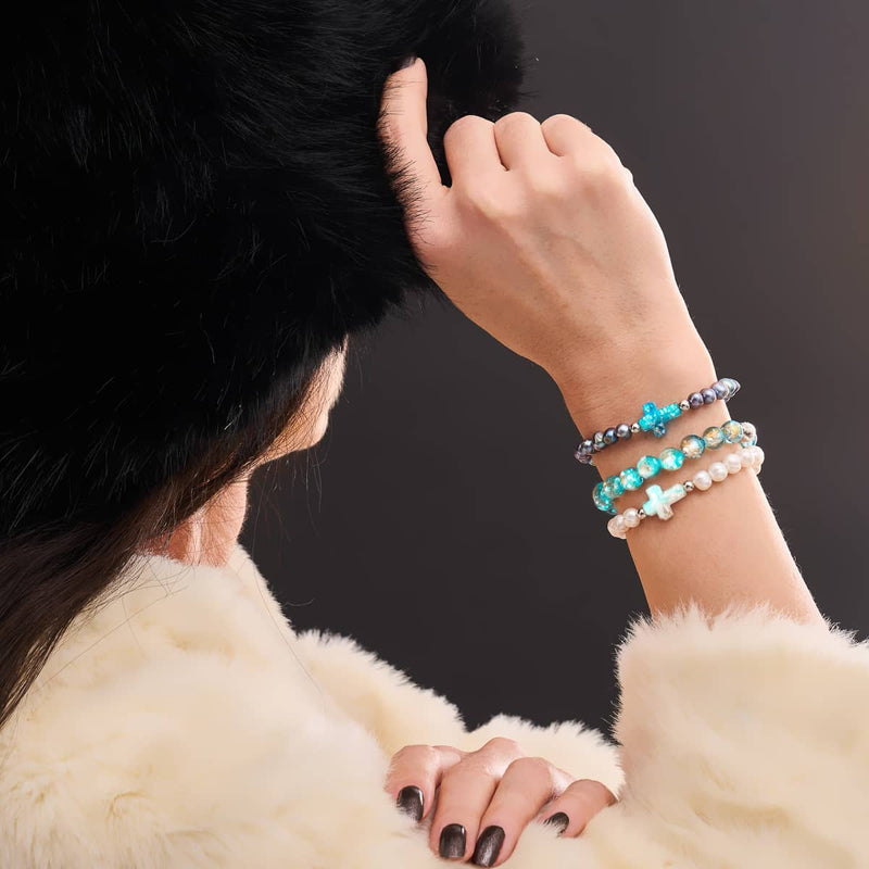 St. Amanda | .925 Sterling Silver | Alabaster Firefly Glass x Ivory Freshwater Pearl Cross Bracelet