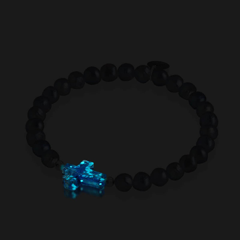 St. Ambrosia | .925 Sterling Silver | Turquoise Firefly Glass x Holographic Freshwater Pearl Cross Bracelet