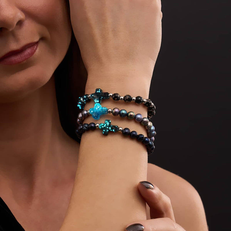 St. Ambrosia | .925 Sterling Silver | Turquoise Firefly Glass x Holographic Freshwater Pearl Cross Bracelet