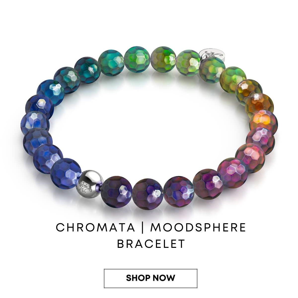 NOGU Chromata Moodsphere bracelet with faceted multicolor glass beads in blue, green, purple, pink and amber tones.