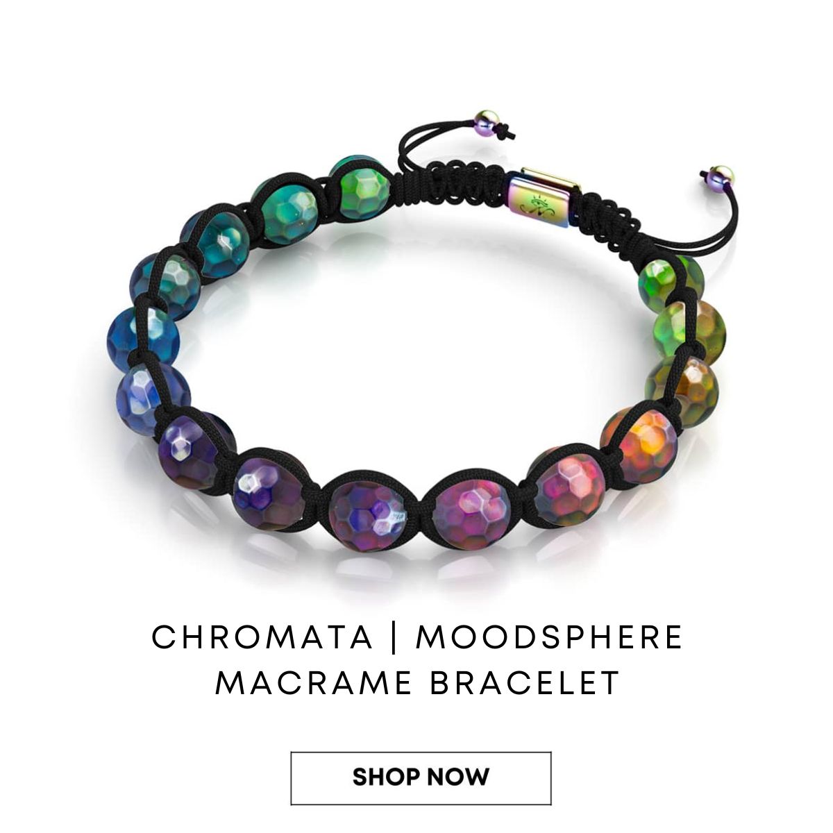 NOGU Chromata Moodsphere macramé bracelet with multicolor faceted beads, black braided cord, and adjustable closure.