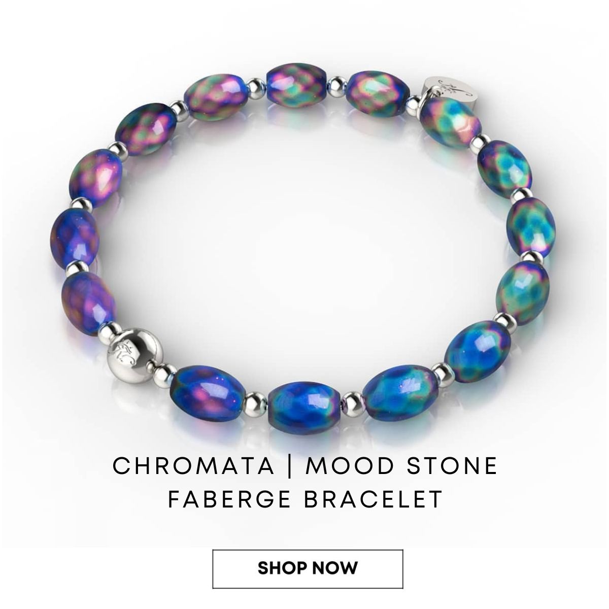 NOGU Chromata Mood Stone Faberge bracelet with iridescent multicolor oval beads and polished silver-tone spacers.