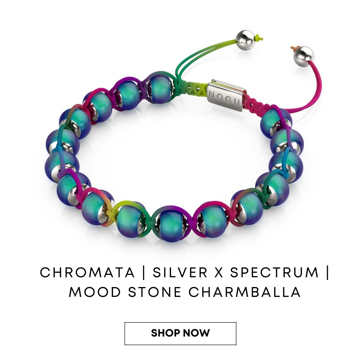 NOGU Chromata Silver x Spectrum Mood Stone Charmballa bracelet with iridescent teal-purple beads and multicolor cord.