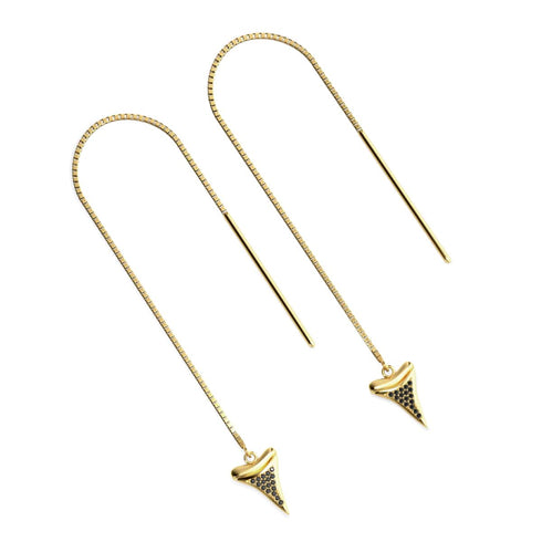 Shark Tooth Chain Drop Threader Earrings by Lauren Howe | .925 Sterling Gold Vermeil | Black Crystal