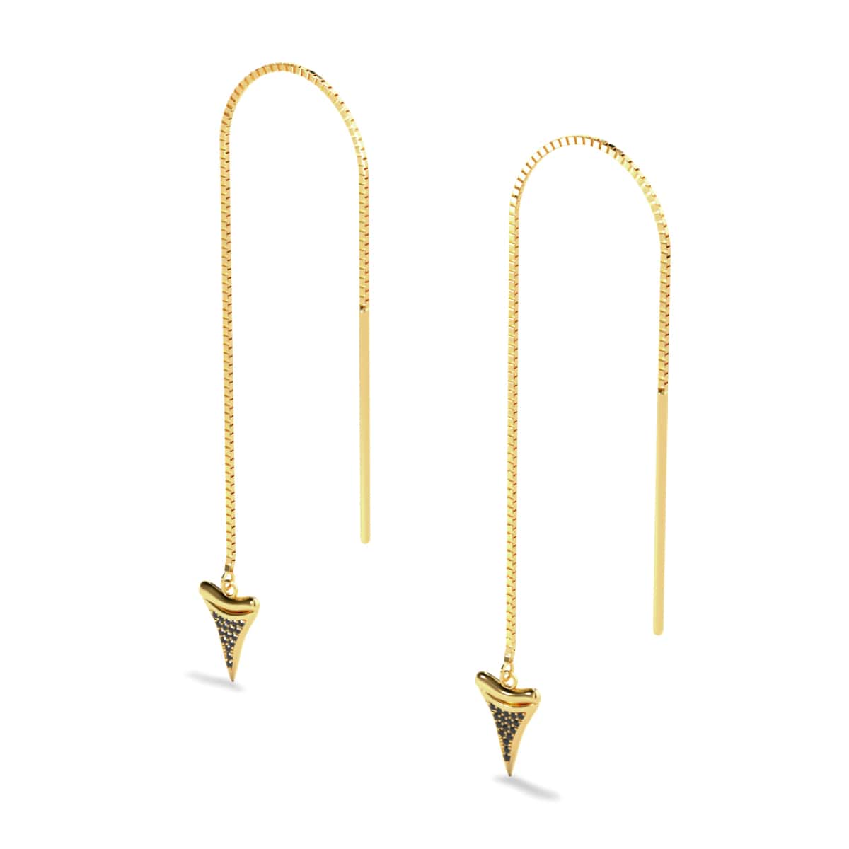 Shark Tooth Chain Drop Threader Earrings by Lauren Howe | .925 Sterling Gold Vermeil | Black Crystal