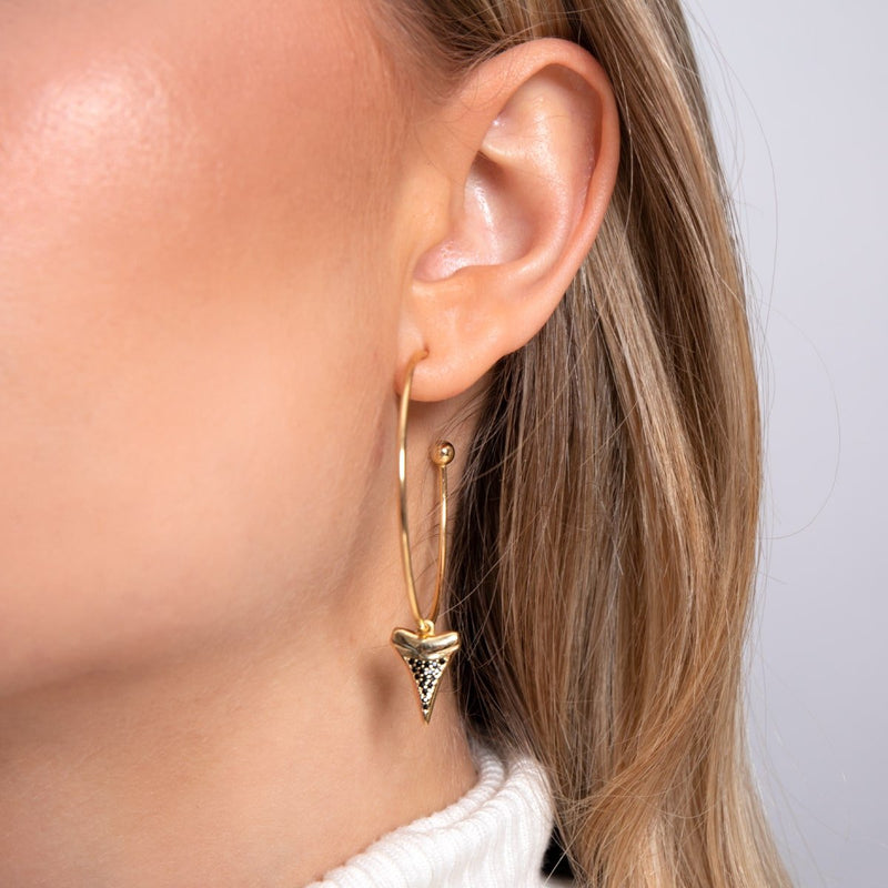 Shark Tooth Hoop Earrings by Lauren Howe | .925 Sterling Gold Vermeil | Black Crystal
