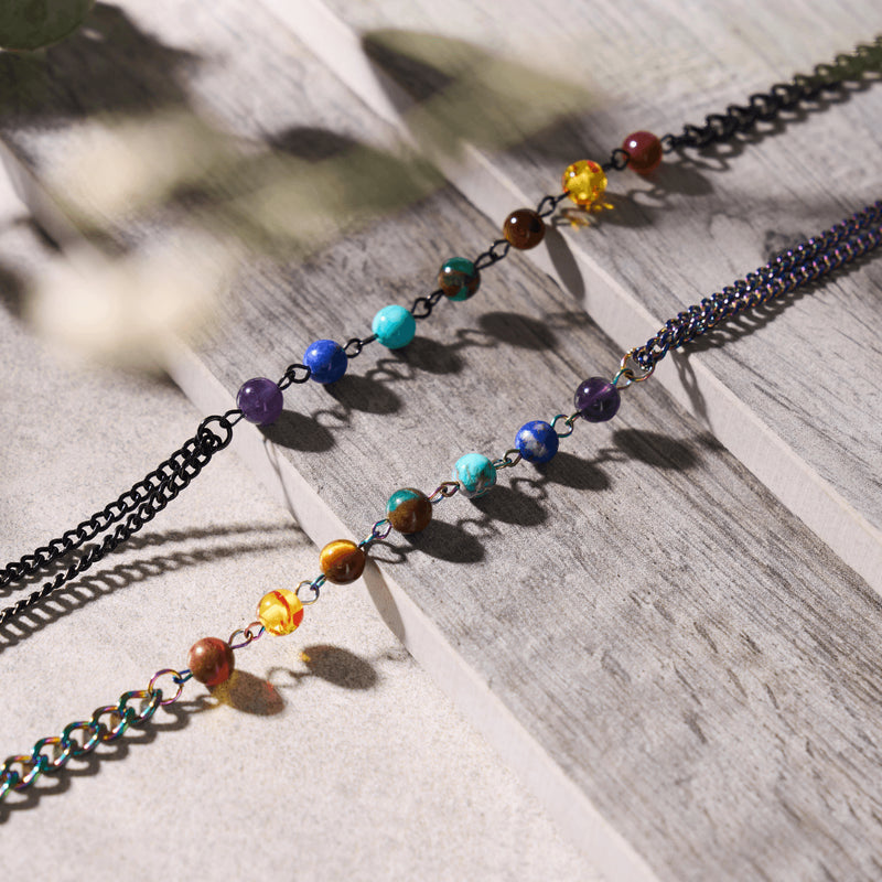 Rainbow Chakra | 7 Gemstone Chain Necklace | Gunmetal