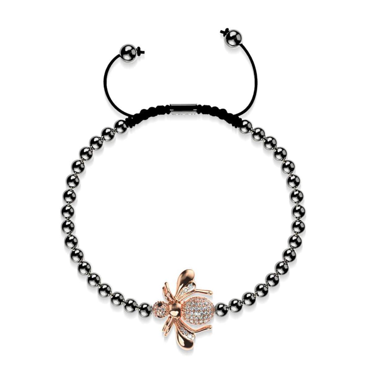 Queen | Gunmetal & 18k Rose Gold | Crystal Honeybee Macrame Charmballa Bracelet