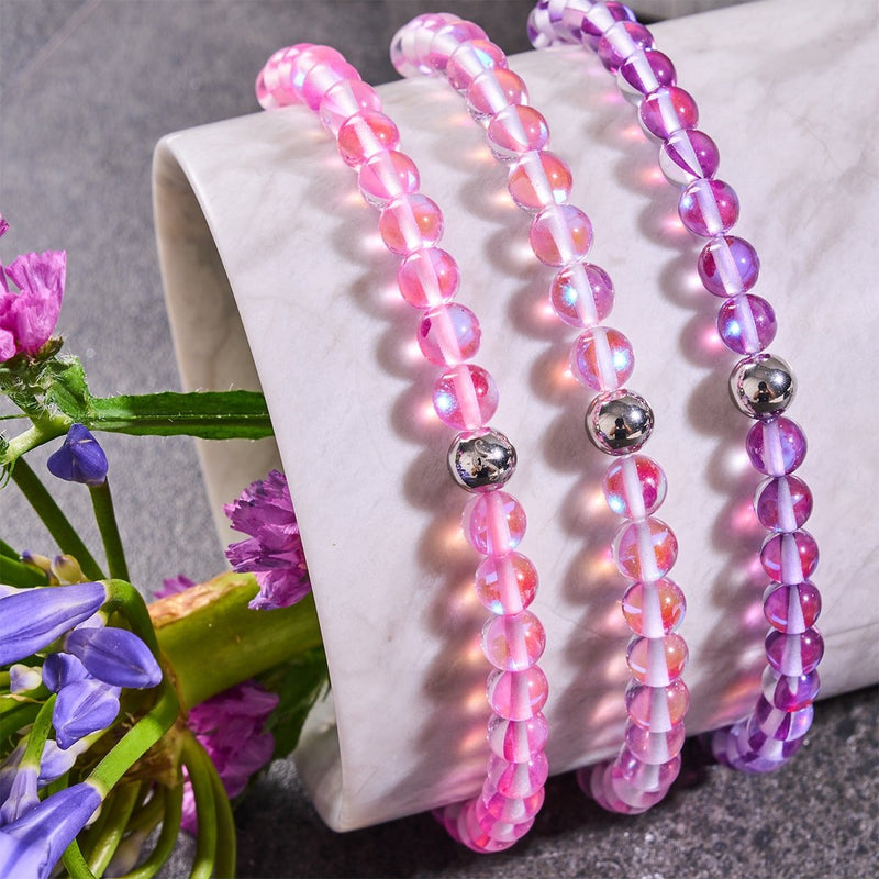 Pink Nebula | Silver | Galaxy Glass Macrame Bead Bracelet