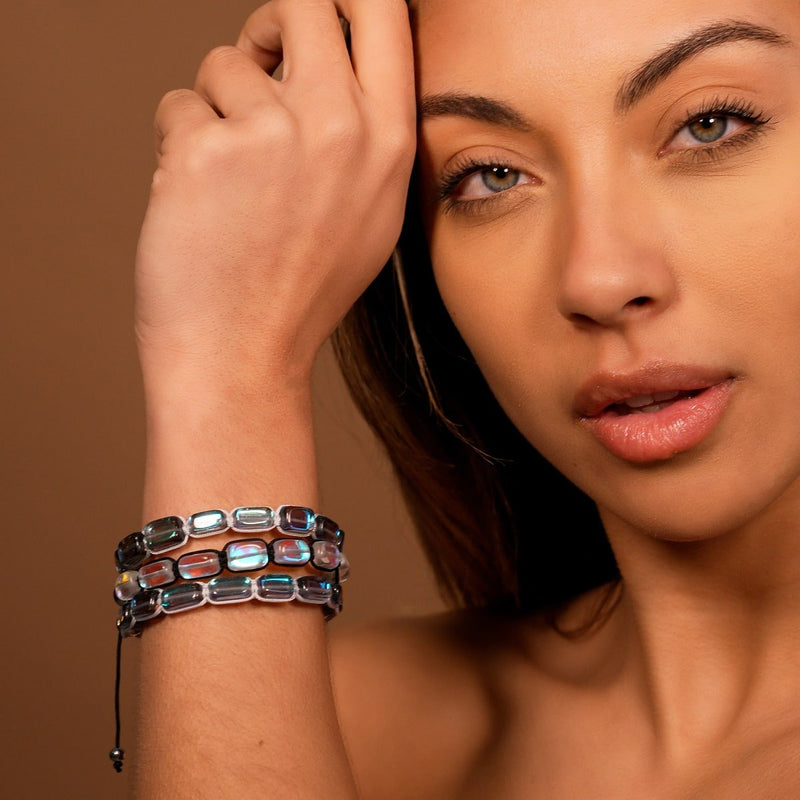 Rainbow Supernova | Silver | Galaxy Glass Pebble Macrame Bracelet