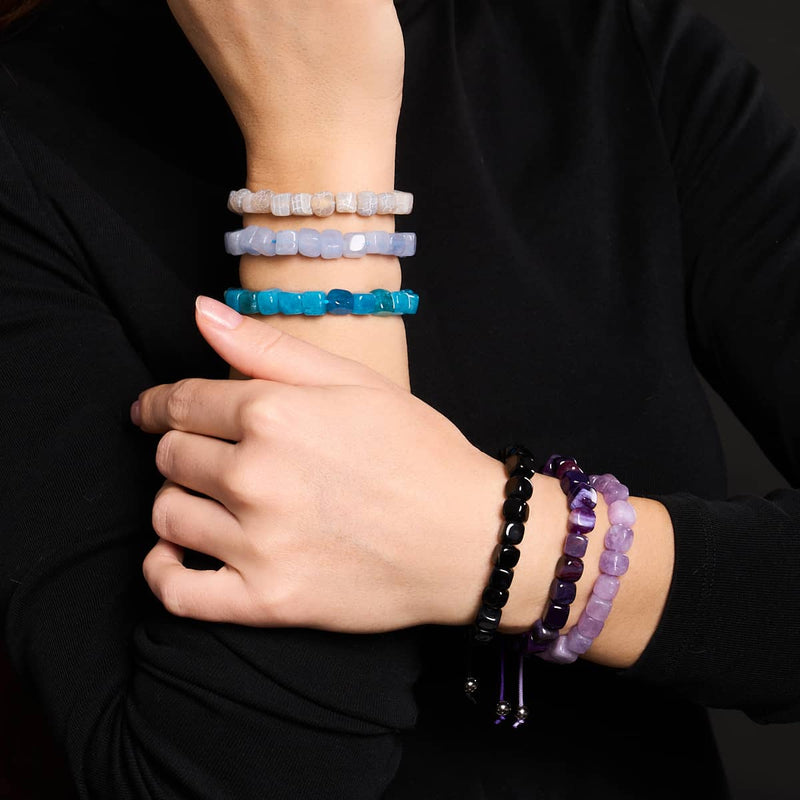 Purple Agate | Silver | Gemstone Pebble Macrame Bracelet