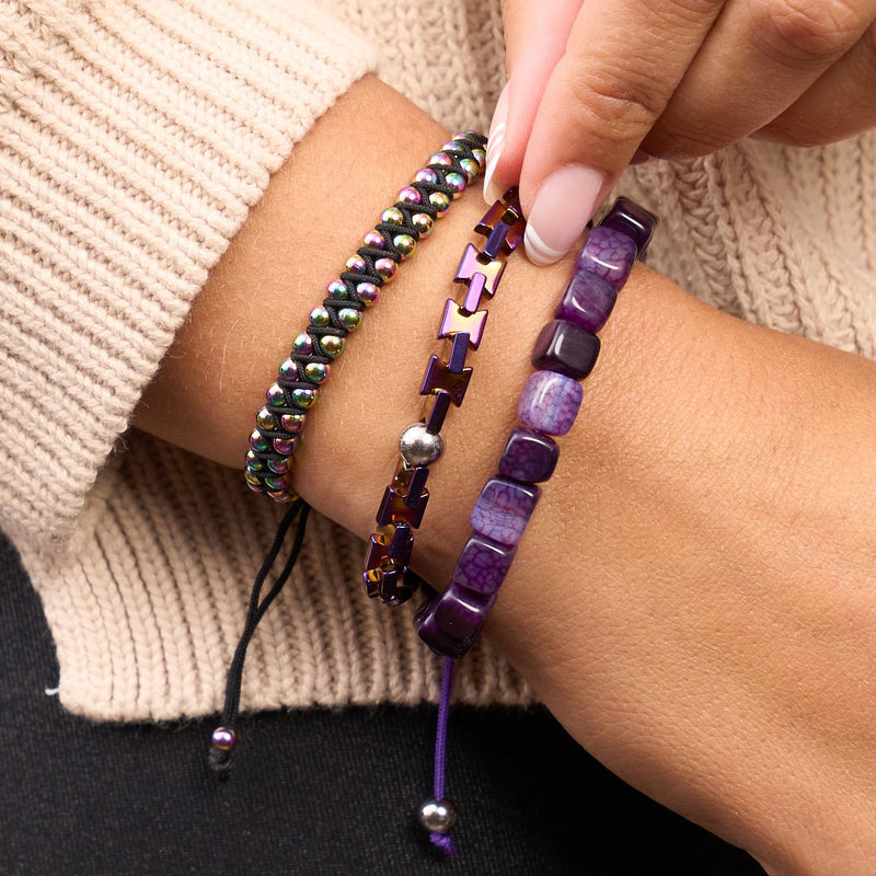 Purple Agate | Silver | Gemstone Pebble Macrame Bracelet