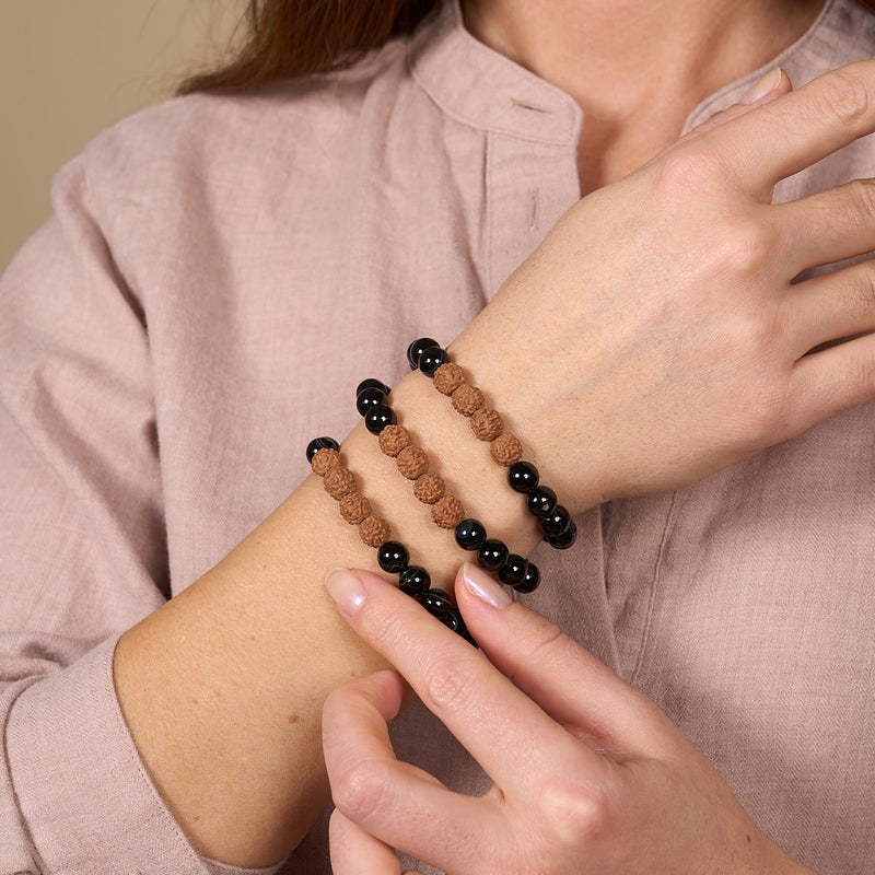 Feng Shui | Black Line Agate x Rudraksha | Mala Bracelet