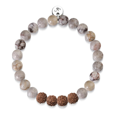 Higher Self | White Line Brown Agate x Rudraksha | Mala Bracelet