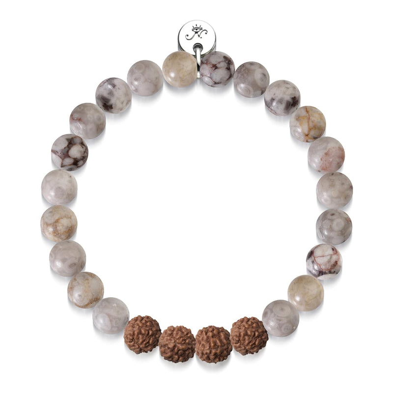 Higher Self | White Line Brown Agate x Rudraksha | Mala Bracelet