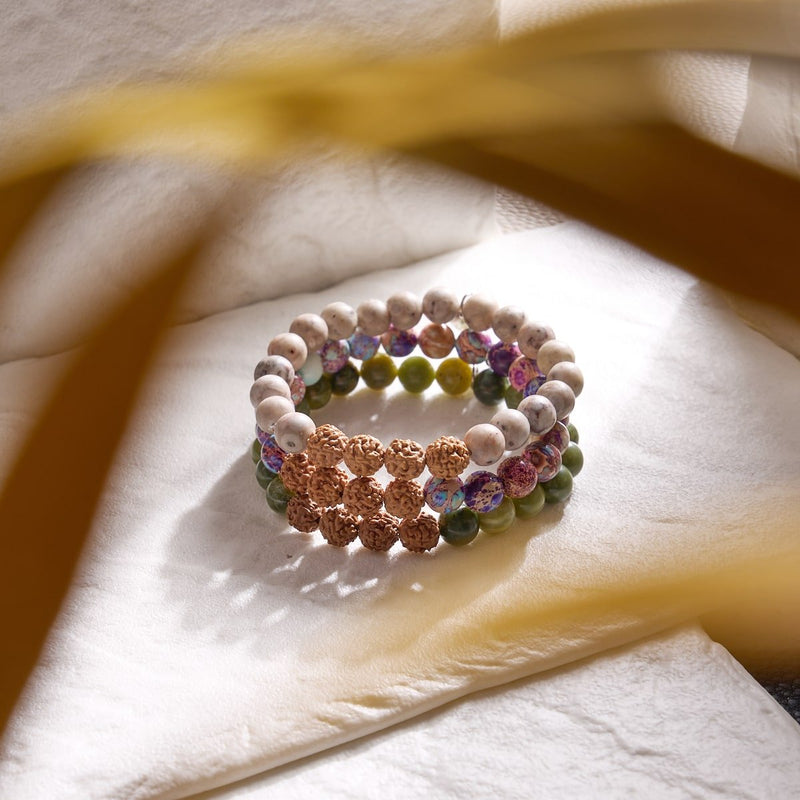 Higher Self | White Line Brown Agate x Rudraksha | Mala Bracelet