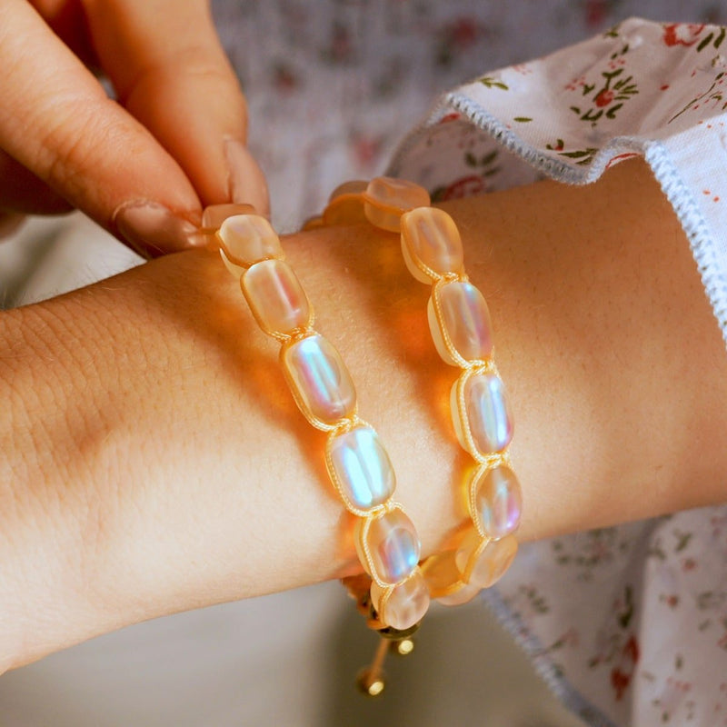 Peach | Gold | Mermaid Glass Pebble Macrame Bracelet